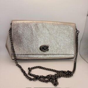 Coach Metallic Pebble Leather Crossbody Bag Gunmetal Turnlock Chain Strap